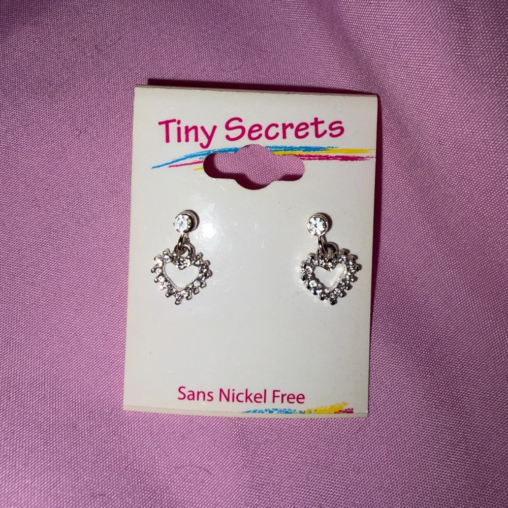 Brand New Tiny Secrets Silver Rhinestone Heart Earrings